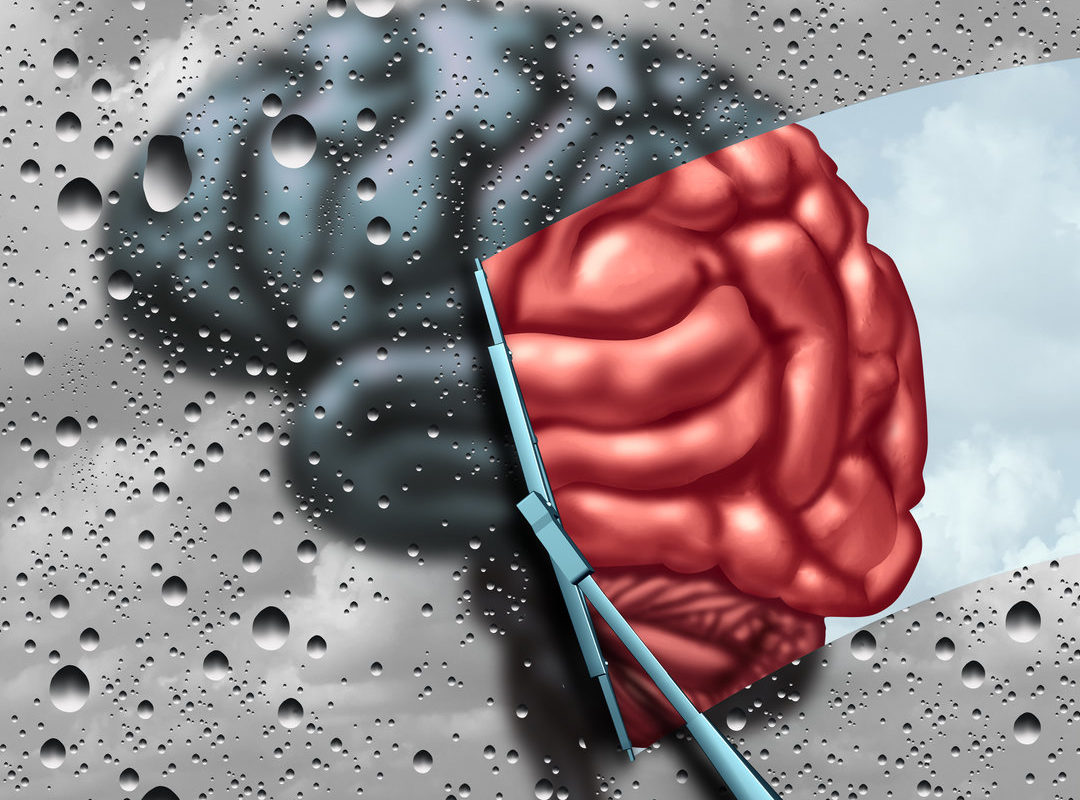Dementia And Brain Disease Therapy Dementia therapy and brain disease cure or mental health treatment concept as a blurry brain with drops on a window as a wiper cleans the confusion to a healthy thinking organ as a symbol for neurology or psychological help with 3D illustration elements.